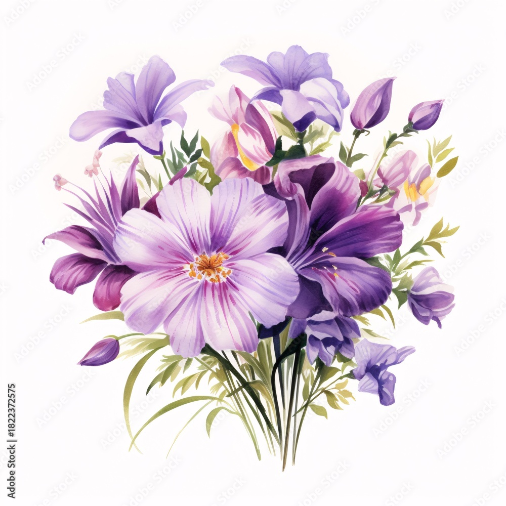 Obraz premium Elegant floral arrangement featuring purple and pink blossoms on white background