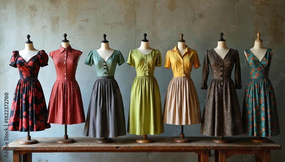 Fototapeta premium Variety of dresses on mannequins in a row. Fashionable apparel collection including different styles colors and fabrics. Dressmaking showcase on display for designers and shops.