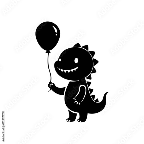A cheerful cartoon dinosaur holding a balloon, depicted in a black silhouette against a white background.