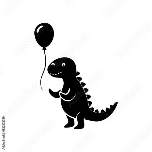 Silhouette of a cartoon dinosaur holding a balloon, isolated on white, with a playful and whimsical design.