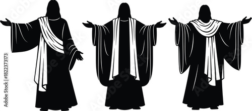 Jesus silhouette illustrations, open arms Savior poses, Christian religious artwork, holy spiritual figure graphics, worship and faith design elements collection