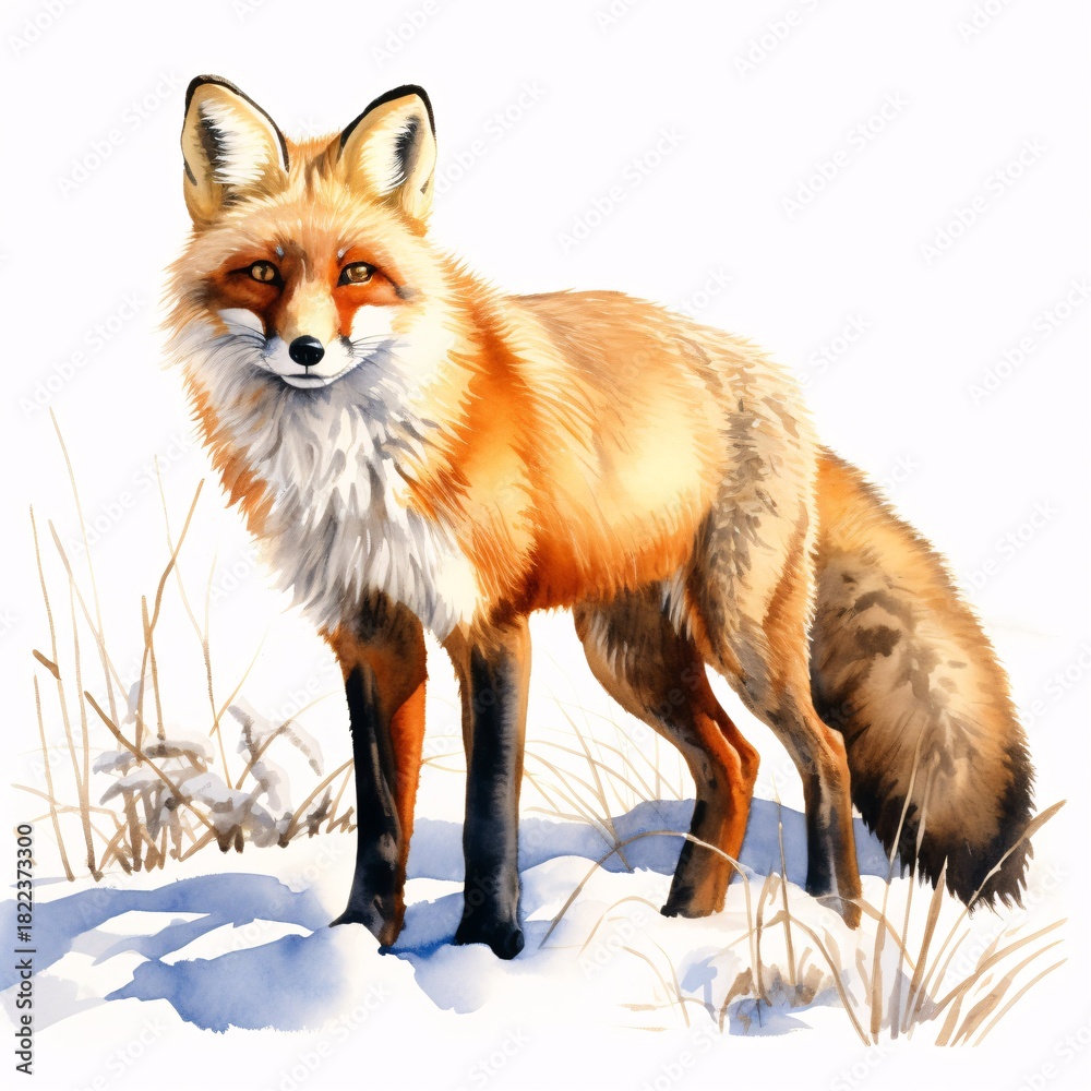 Naklejka premium Fox standing in the snow with watercolor style painting, artistic and detailed