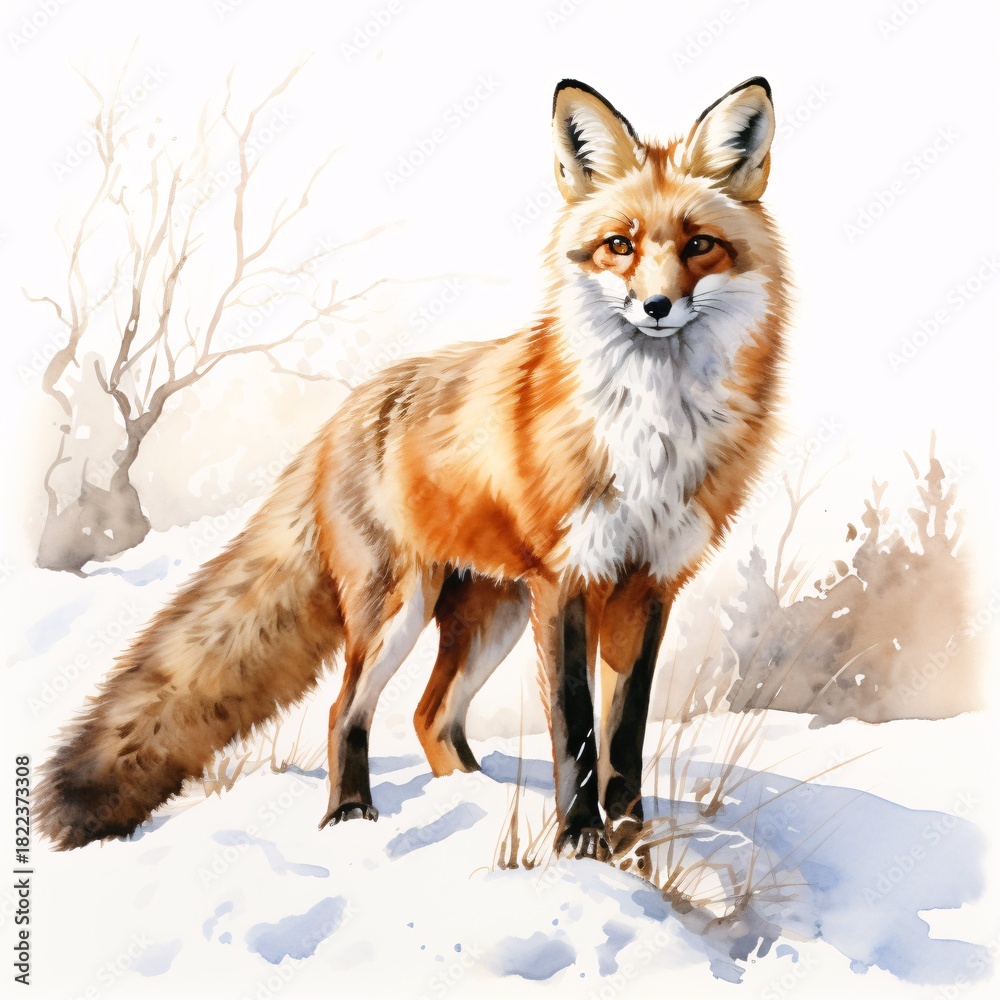 Obraz premium Charming red fox stands gracefully in the snow-covered landscape