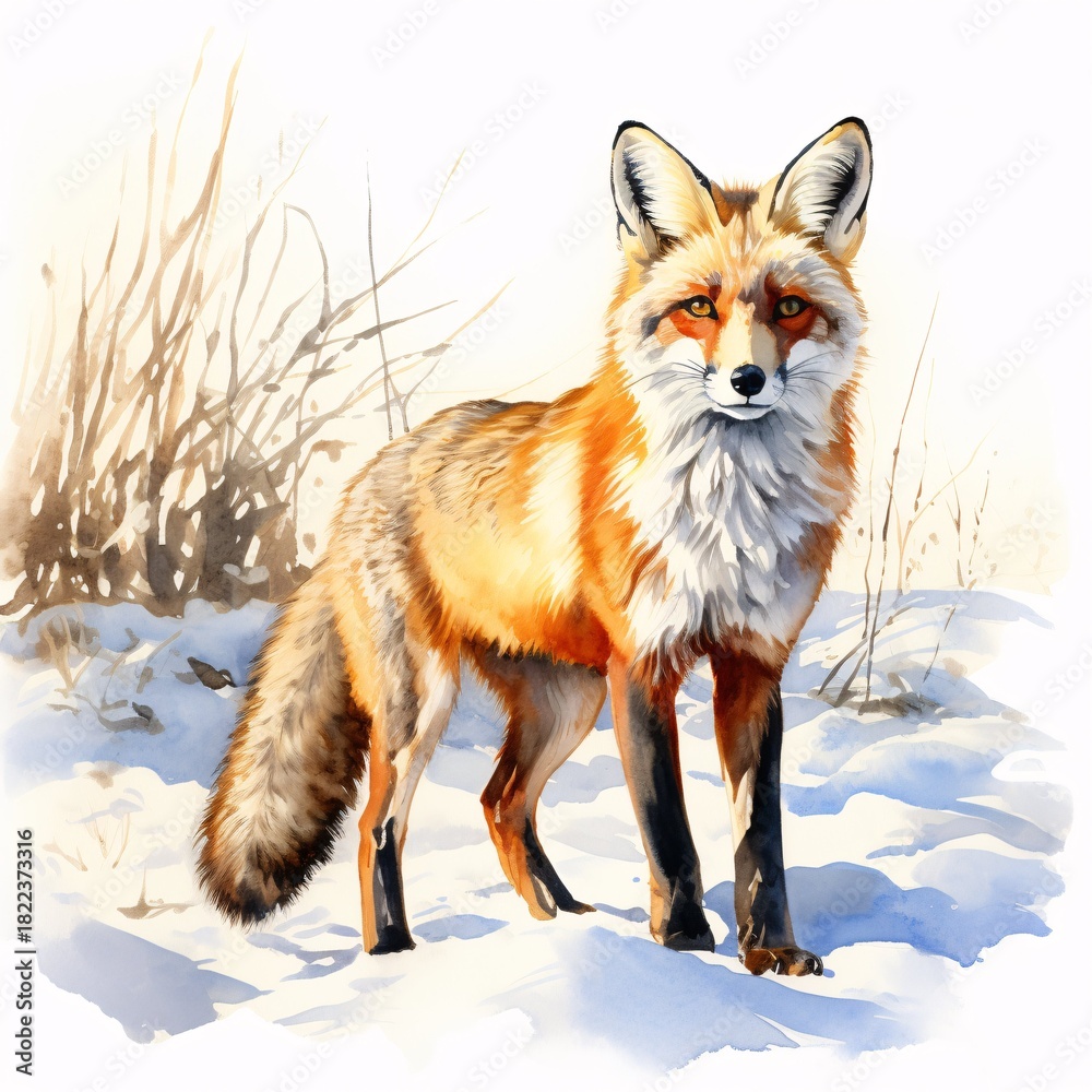Obraz premium Watercolor illustration of a red fox standing in snowy field near dried branches