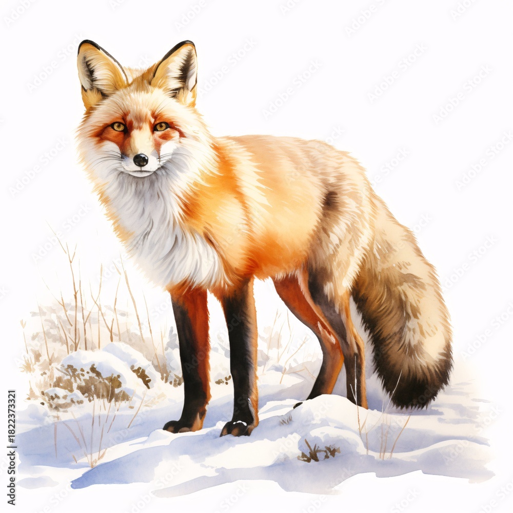 Obraz premium Graceful fox standing alert in a snowy landscape, watercolor illustration