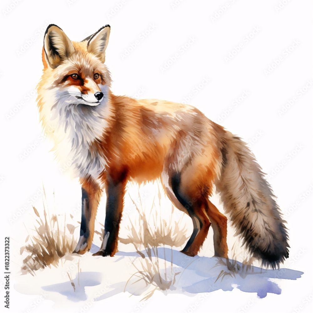 Naklejka premium Fox stands alert in a snowy landscape captured in watercolor style illustration