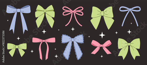 Vector cute bows set in flat style. Fashion accessories for girls in green, blue and pink colors.