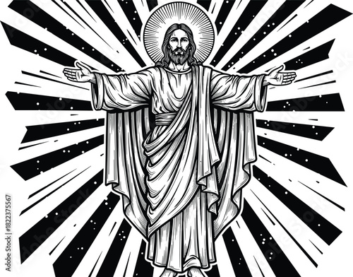 Radiant Jesus illustration, divine Savior artwork with halo, Christian religious design, holy spiritual figure, heavenly light rays graphic depicting faith