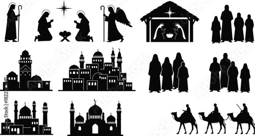 Nativity silhouette set, biblical scene illustrations, holy family artwork, Bethlehem city graphics, wise men journey, Christmas religious design elements collection
