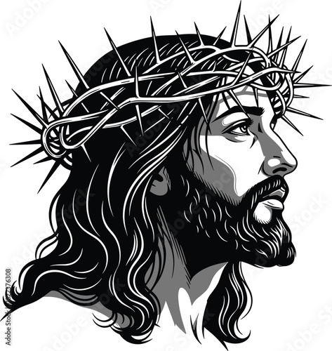 Jesus portrait illustration, crown of thorns artwork, Christian Savior depiction, religious faith image, biblical devotion graphic, spiritual art design inspiration