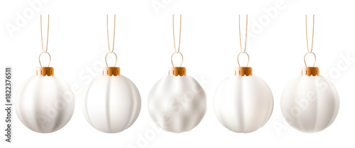 Christmas ball ornament, 3d decorations white bauble. Bulb xmas toy isolated. Light decor hang on golden ribbon, realistic new year sphere. Glass glossy sparkle vector noel set. Elegant bubble mockup