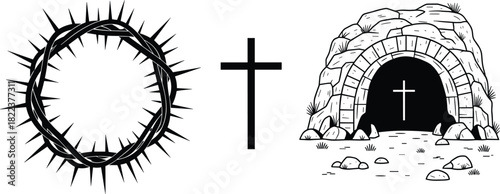 Crown of thorns, Christian cross, empty tomb illustration symbolizing resurrection, Easter faith, hope, salvation, religious spirituality, biblical imagery artwork