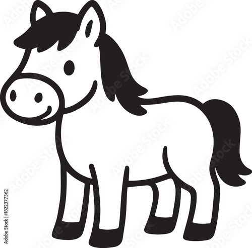 A charming and minimalist cartoon illustration of a friendly horse.