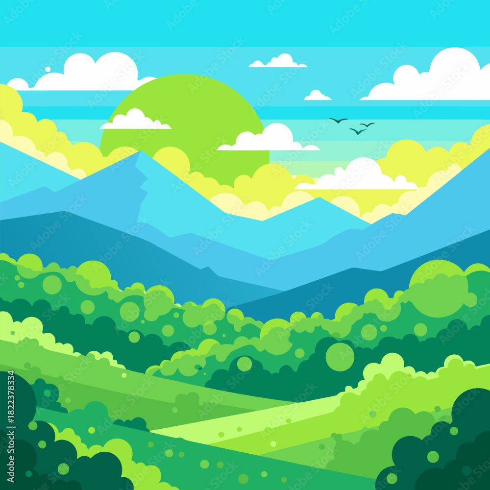 Obraz premium Vibrant Green Mountain Landscape with Sun and Clouds, A Serene and Lush Natural Panorama
