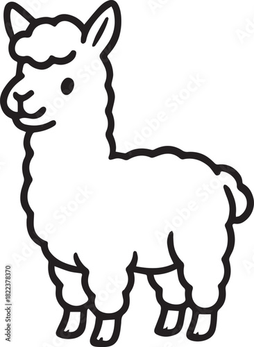 An adorable alpaca stands in a cartoon drawing style, showcasing its fluffy coat and friendly expression, ideal for conveying a sense of cuteness and innocence.