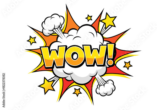 Vibrant 'Wow!' pop art comic explosion graphic, conveying surprise and excitement with dynamic starbursts and bold graphic design