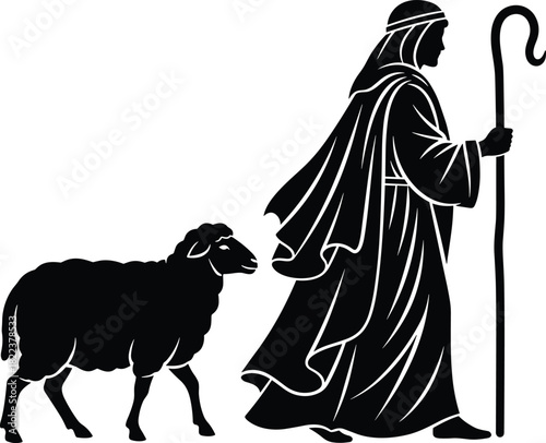 Shepherd and sheep silhouette illustration, biblical pastoral artwork, Christian faith symbolism, guiding shepherd figure with lamb, religious vector design