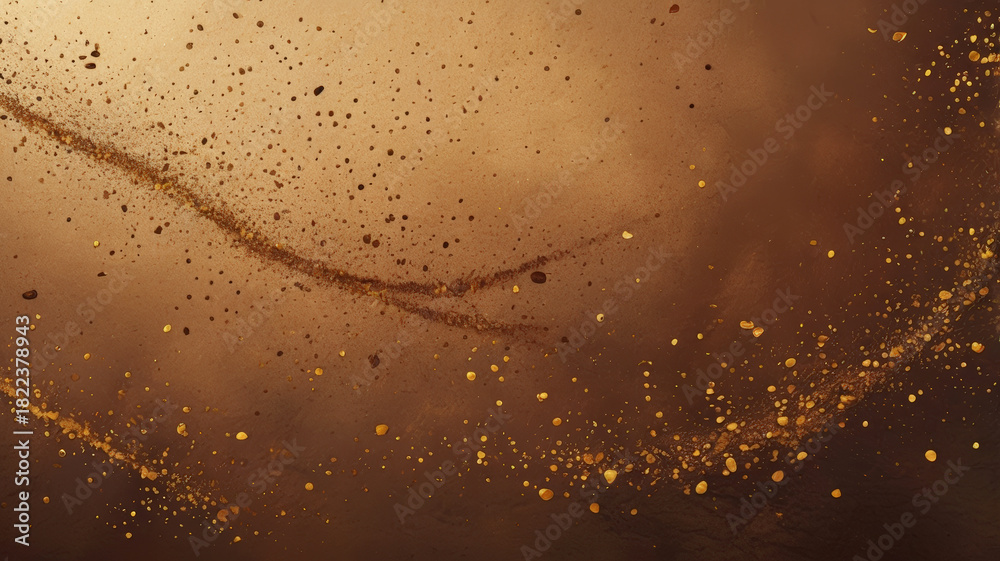 Obraz premium Warm brown abstract backdrop with golden particles and flowing dust streaks. Textured surface and shimmering specks create a dynamic visual effect