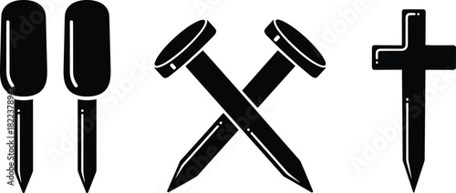 Crucifixion nails and cross illustration, Christian symbolism artwork, religious passion elements vector, sacred silhouette design for faith and worship themes