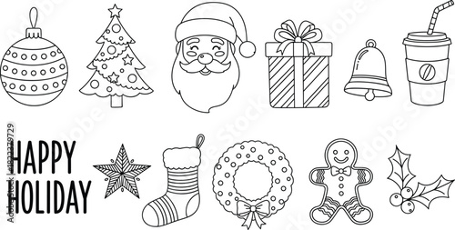 Christmas holiday doodle icons collection, festive line art illustrations, cute seasonal elements including Santa, gifts, ornaments, wreath, stocking and gingerbread