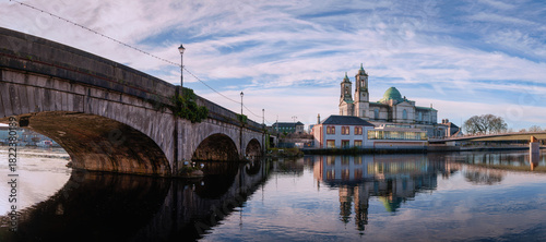 Athlone city skyline with the Church of Saints Peter and Paul and Athlone Town Bridge over the River Shannon in County Westmeath, Ireland.