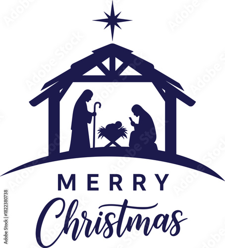 Nativity scene Christmas illustration, holy family silhouette design, religious festive artwork with star, Merry Christmas graphic, Christian holiday vector