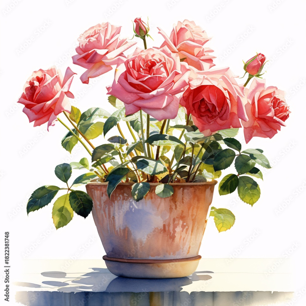 Obraz premium Elegant pink roses arrangement in watercolor painting style isolated on white background