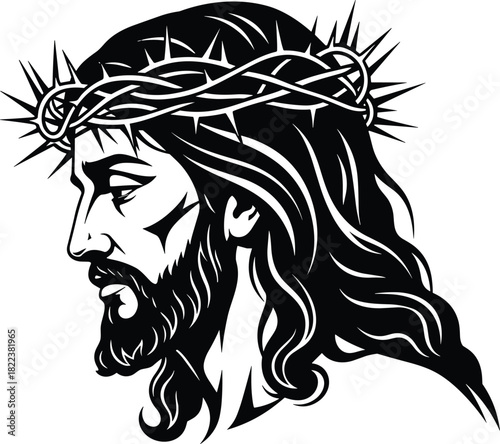 Crown of thorns illustration of Christ, sacred religious artwork, detailed Jesus portrait line drawing, Christian faith depiction, spiritual icon design