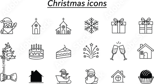 Christmas holiday icon set featuring Santa, gifts, snowflakes, trees, cakes, houses, celebration symbols, festive line art collection for seasonal design