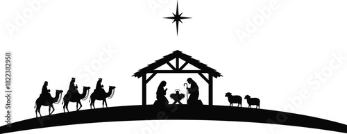 Nativity silhouette scene with Mary, Joseph, baby Jesus in stable, star of Bethlehem, wise men traveling on camels, Christmas holy night