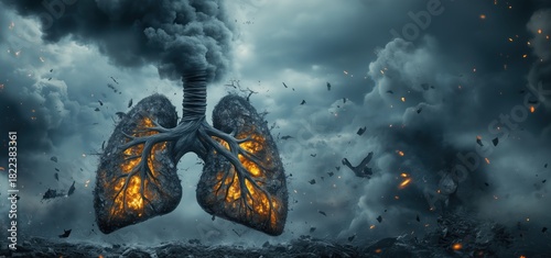 Abstract background with burning and smoky black human lungs. Health care and global warming concept.