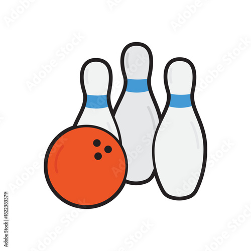 Orange bowling ball with three pins. Ideal for sports, leisure, recreation, or bowling related designs
