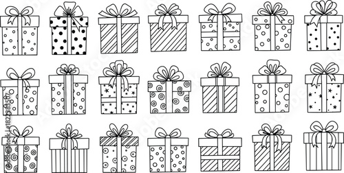 Hand drawn gift box collection with bows and patterns, decorative present illustrations for Christmas, birthday, celebration, holiday design elements