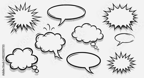 Retro empty comic speech bubbles set with black halftone shadows. Vintage design, pop art style - stock vector, EPS version.