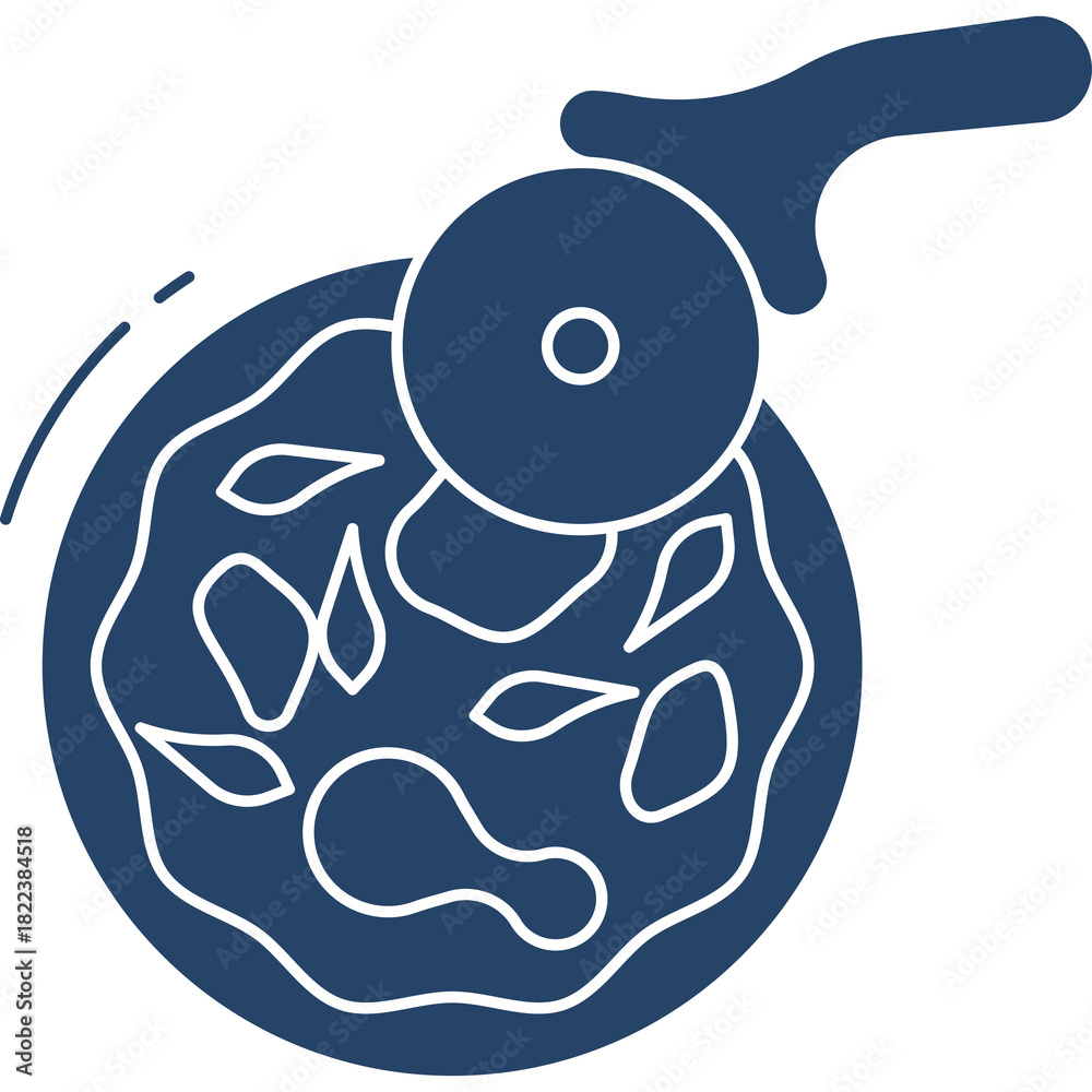 Obraz premium Dark Blue Silhouette of a Whole Pizza Being Sliced by a Pizza Cutter on a Transparent Background Representing Food Preparation and Dining