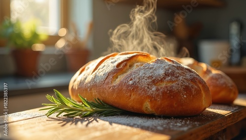 Freshly baked artisan bread steams on wooden board. Crusty loaf dusted with flour beside rosemary sprig. Warm bakery interior with blurred plants, kitchen background.