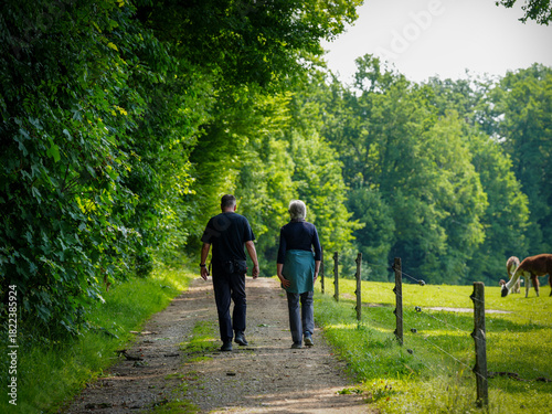 An European couple (elderly people, a man and a woman) walking in nature. Senior couple is walking along the road. With copy space. It suggests a comfortable and happy relationship. joyful moment.