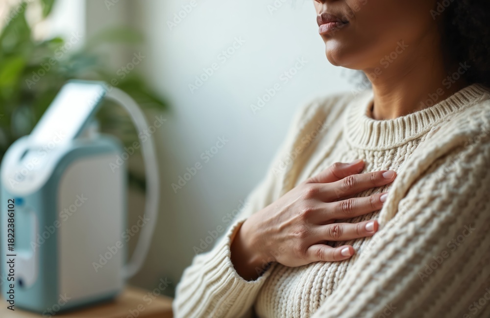 Obraz premium Woman clutches chest holding hand in pain near portable oxygen machine. Suffering breathing issues from lung disease. Medical device helps patient at home.