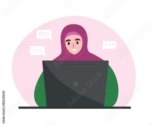 A woman wearing a hijab and a laptop. A Muslim woman works, communicates, and studies online. Vector flat graphics.