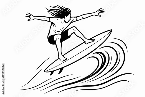 Minimalist black and white line drawing of a surfer airborne above a stylized wave, capturing motion, speed, and dynamic coastal energy.