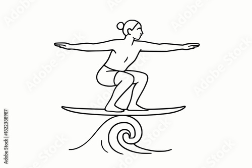 Minimal line drawing of a surfer crouching on a stylized wave, capturing balance, motion, and coastal lifestyle in clean, dynamic composition.