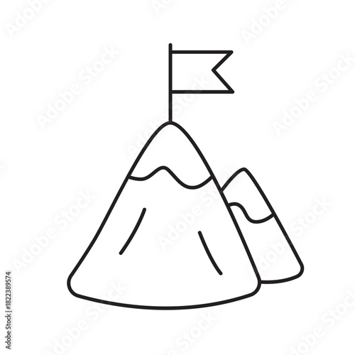 Snow capped mountain with a flag Line Art Illustration