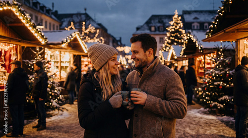 Couple enjoying hot drinks at outdoor Christmas market