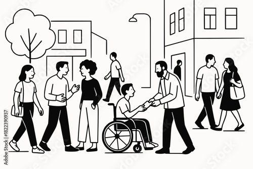 Minimalist black and white line drawing of diverse people interacting in a lively urban street scene, highlighting inclusion, accessibility, and community.
