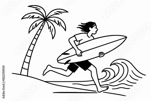 Minimalist black and white line drawing of a surfer running barefoot toward the ocean with a surfboard, evoking motion, adventure, and coastal energy.