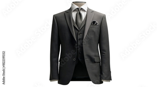 PNG of Elegant grey men's suit with a classic tie and pocket square, perfect for formal occasions.