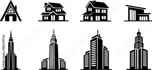 Minimalist Collection Of Black House And Skyscraper Icons
