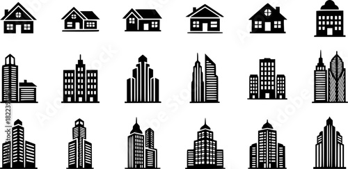 Minimalist Collection Of Black House And Skyscraper Icons
