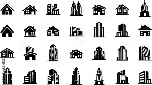 Minimalist Collection Of Black House And Skyscraper Icons
