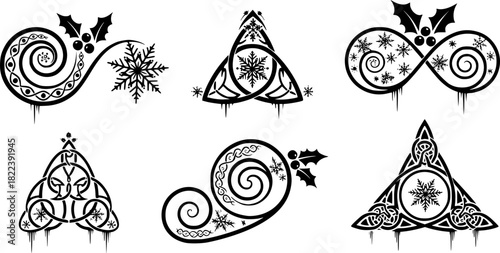 Set of abstract Celtic symbols and ornaments vector with winter holiday decoration elements
